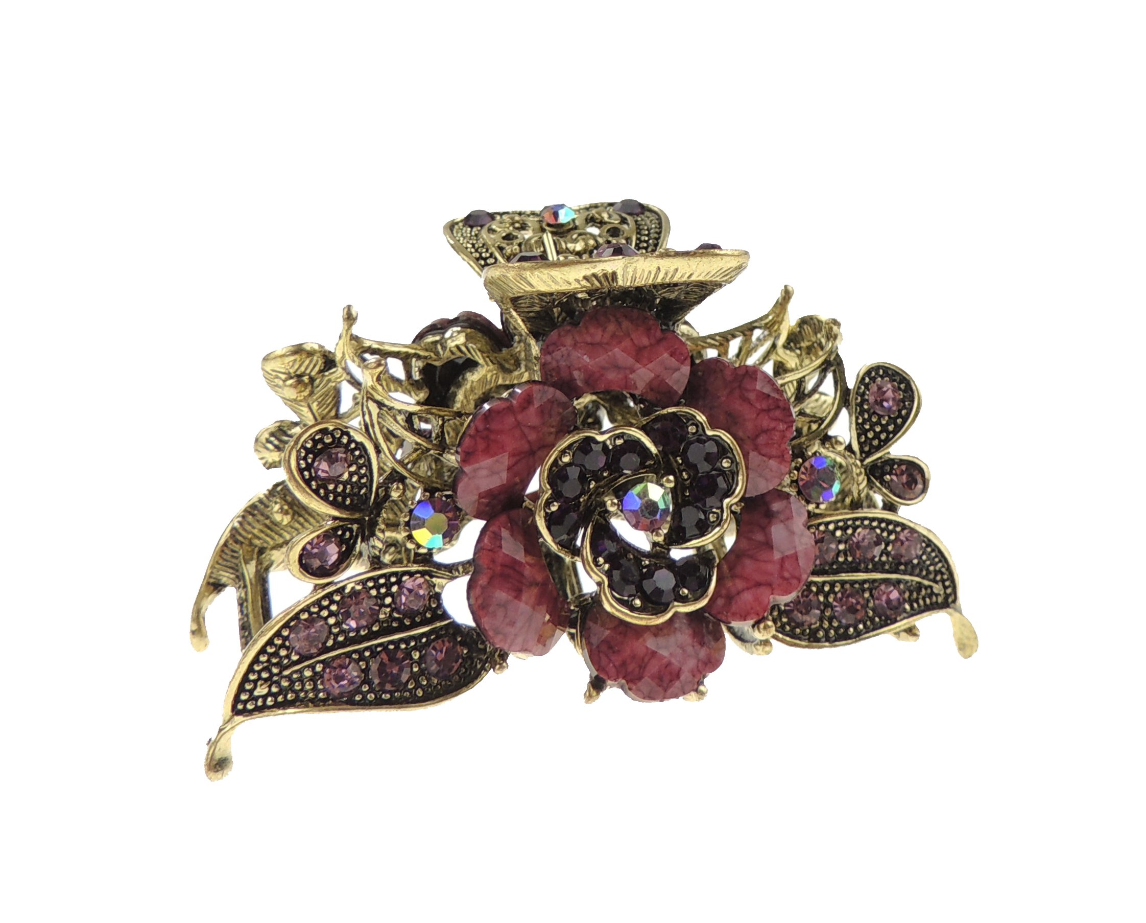 Womens Metal Wedding Bridal Bride Party Prom Birthday Strong Gold Tone Vintage Look Rose Flower Hair Accessory Up Do Octopus Bulldog Claw Grip Clamp Clip Plum Pink