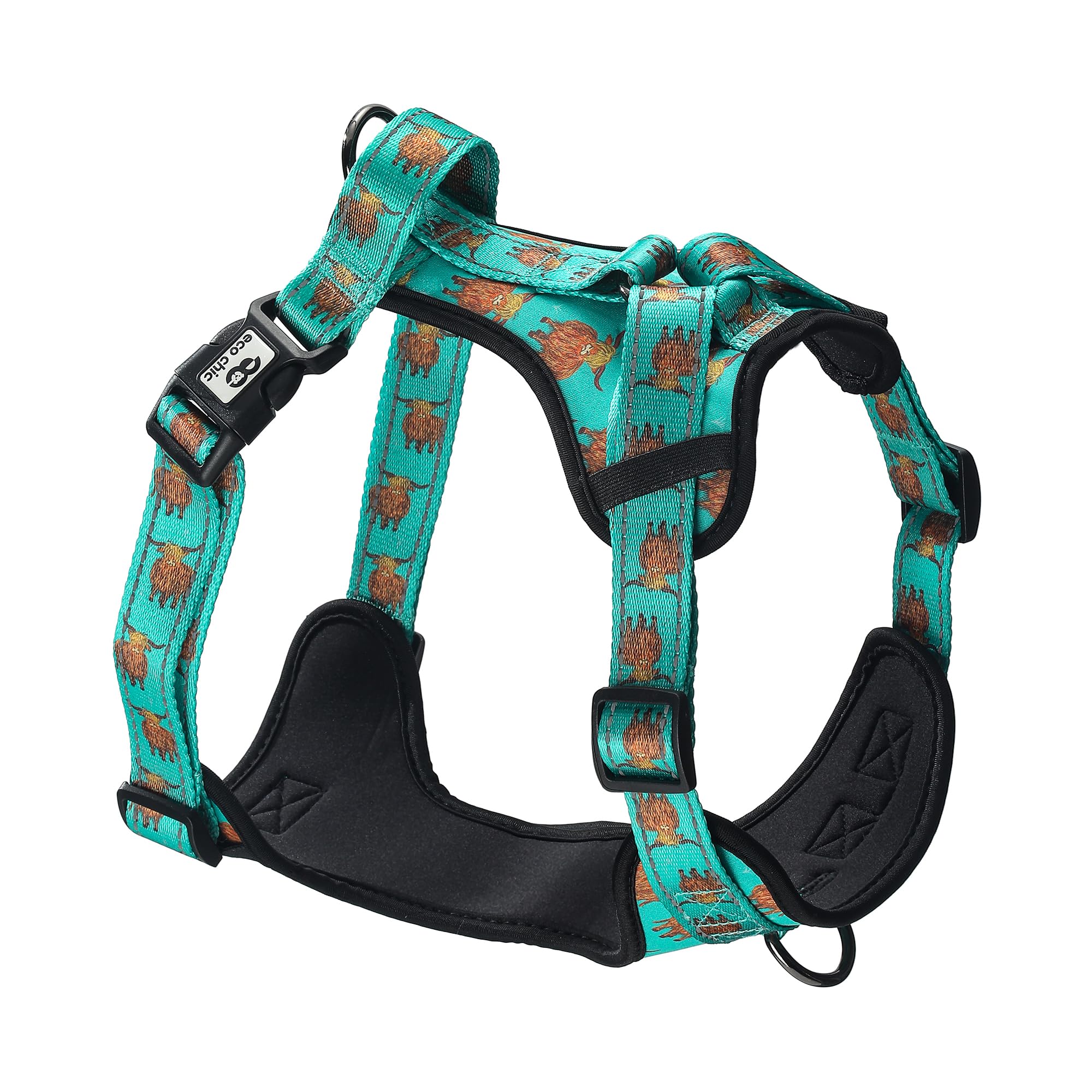 Eco Chic Recycled Comfort Pet Harness Adjustable No-Pull Reflective Padded Dog Vest Harness (Highland Cow Teal Large)