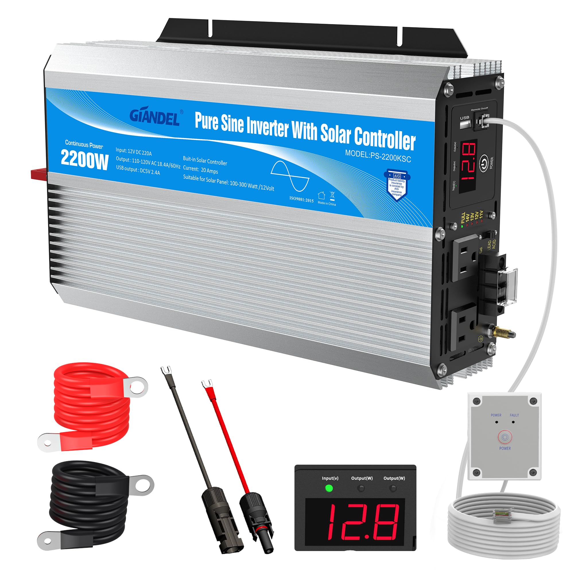 Photo 1 of 2200Watt Pure Sine Wave Solar Power Inverter with 20A Solar Charger Controller PWM and Wired Remote for Solar Setup RVs Camper Truck