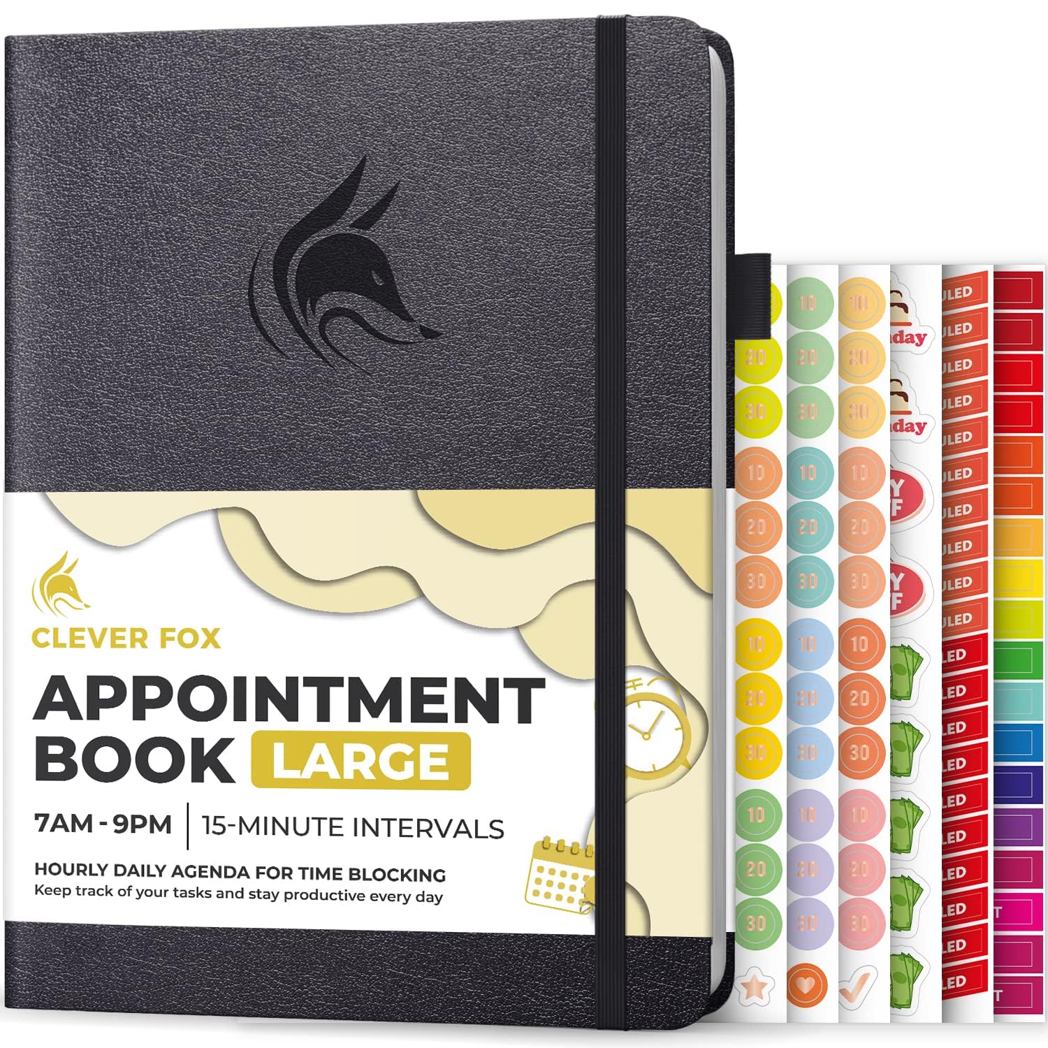 Clever Fox Appointment Book – Hourly Schedule Planner with 15-Minute Increments – Time Box Planner for Daily Work & To-Dos – Weekly & Monthly Spreads, Undated, Hardcover, A4 size, (Silver Black) — image 1