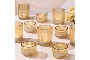 NITIME 10pcs Ribbed Gold Votive Candle Holders, Assorted Glass Tea Light Candle Holders for Wedding Centerpieces, Brithday, Party and Holiday Decorations