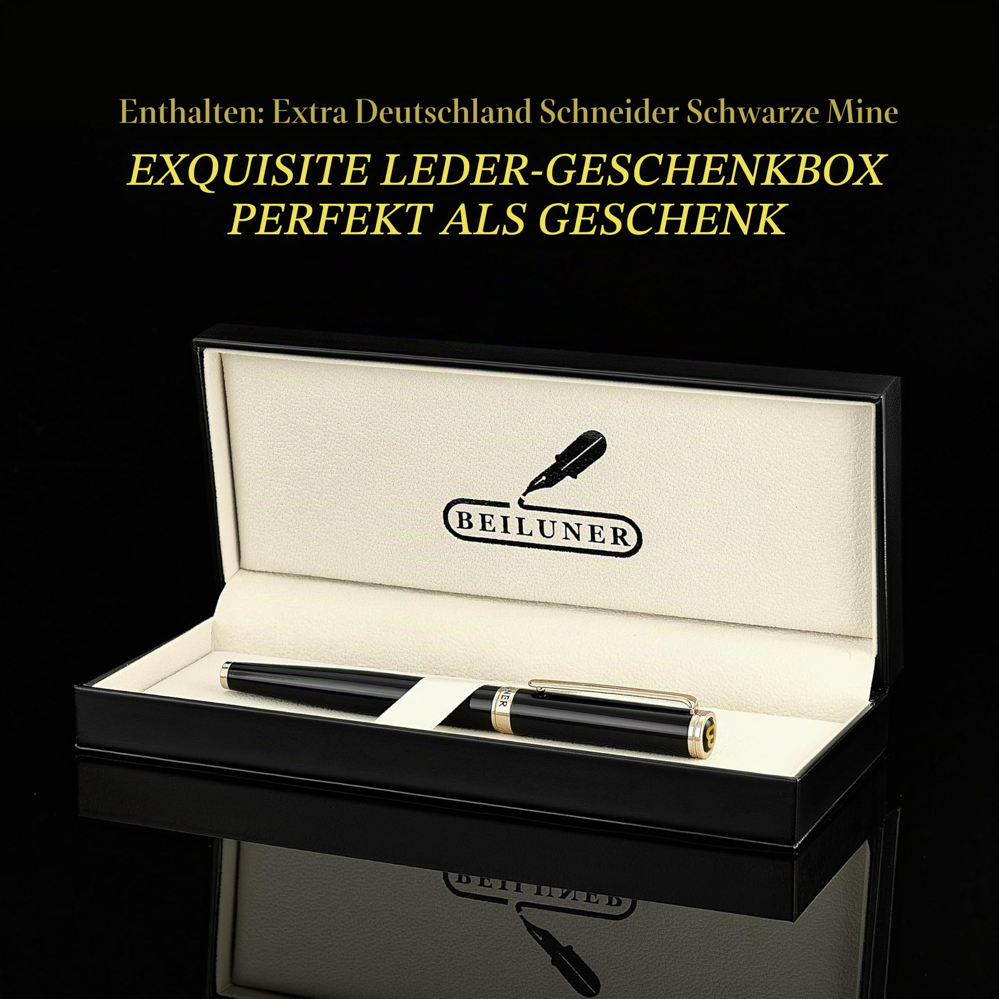 BEILUNER Hochwertiger Tintenroller mit Echtvergoldung - Professioneller Kugelschreiber mit schwarzer Schneider 850 Mine - Geschenkbox - Luxus Schreibgerät für Business & Geschenkanlässe(Schwarz) 6