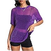 OYOANGLE Women's Sparkly Glitter Rave Going Out Top Short Sleeve See Through Blouse Summer Loose Mesh Shirt