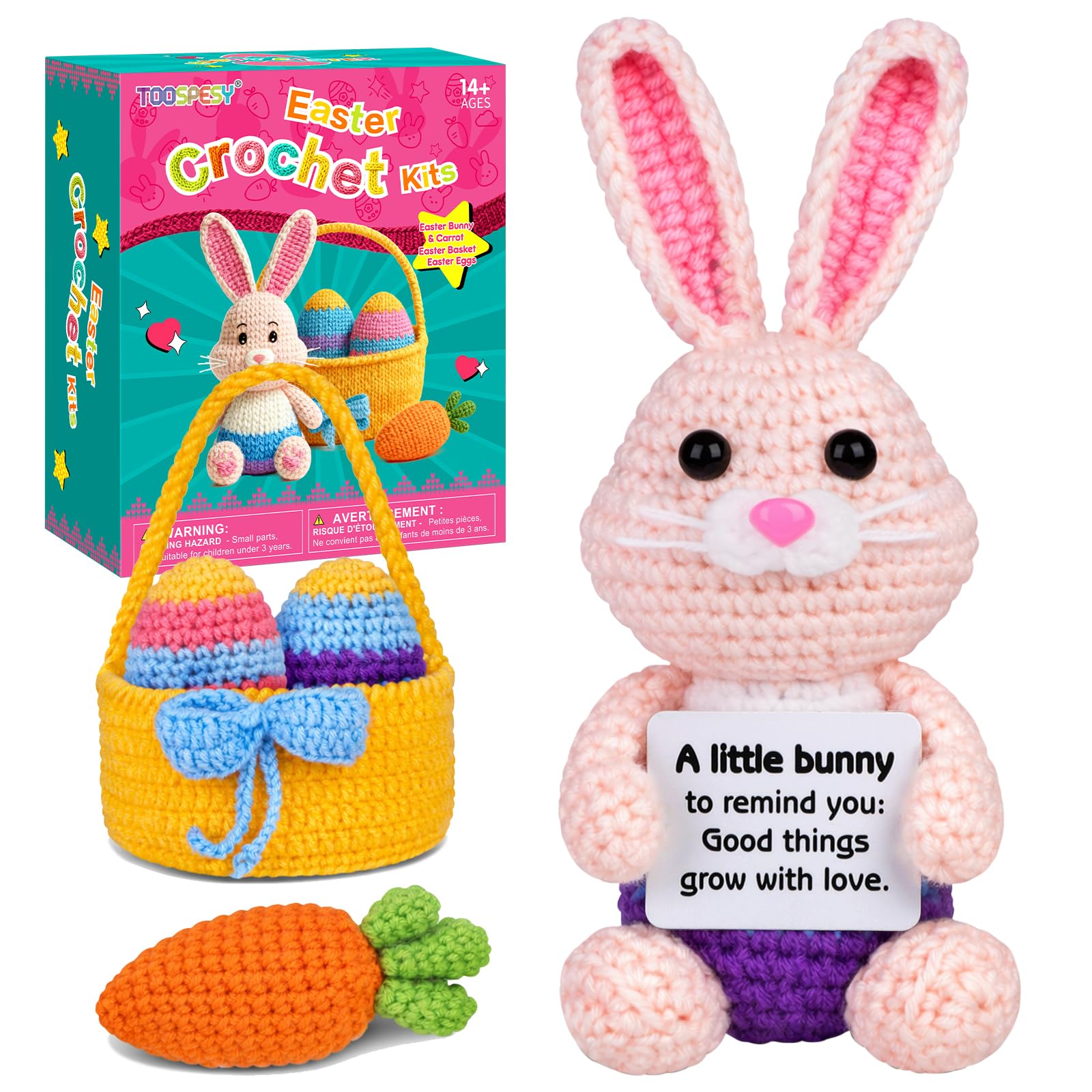 Toospesy 5 Pcs Finished Easter Basket Positive Crochet Animals for Teen-Girls & Adults Women, Filled Basket with Cute Handmade Knitted Bunny, Carrot, 2 Eggs