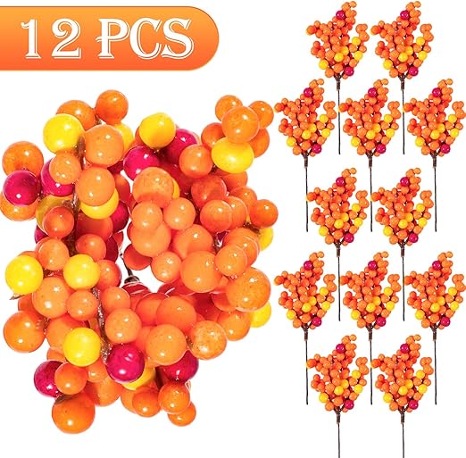 Amazon Com Whaline Orange Berry Twig Stem 12 Pack Artificial
