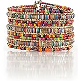 SPUNKYsoul Boho Colorful Multi-Layer Heishi and Gold Bead Wrap Bracelet – Vibrant Stacked Stretch Bangle Style for Everyday, Festival, or Vacation Wear (Fits Most)
