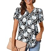 CATHY Womens Casual Summer Tops Dressy Petal Short Sleeve Chiffon Shirts Button Up V Neck Tunic Blouses