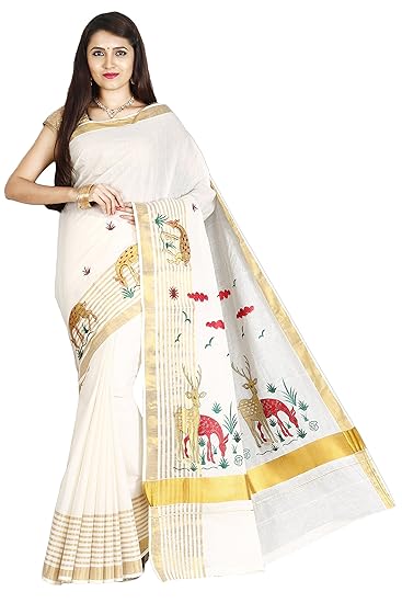 Women's Kasavu Cotton Saree With Running Blouse (TJT01316_Cream)