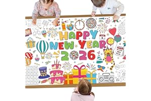 YQUQWN 2026 Happy New Year Coloring Poster for Kids 2026 New Years Banner 2026 New Year Eve Activities Decorations Jumbo Tablecloth 72x35 in Table Cover for Kids Home Classroom Party Supplies