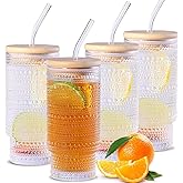 Cowjut 16 oz Glass Cups with Lids and Straws, Clear Iced Coffee Cups with Lids, Hobnail Drinking Tumbler Set for Matcha Latte Juice (4 Pack)