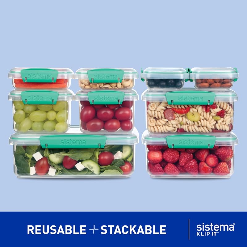 KLIP Recipientes herméticos para alimentos IT | Recipientes herméticos e empilháveis para refeições prontas | Caixas de almoço escolares e pequenas caixas de marmita | 18 peças (9 recipientes e tapas)