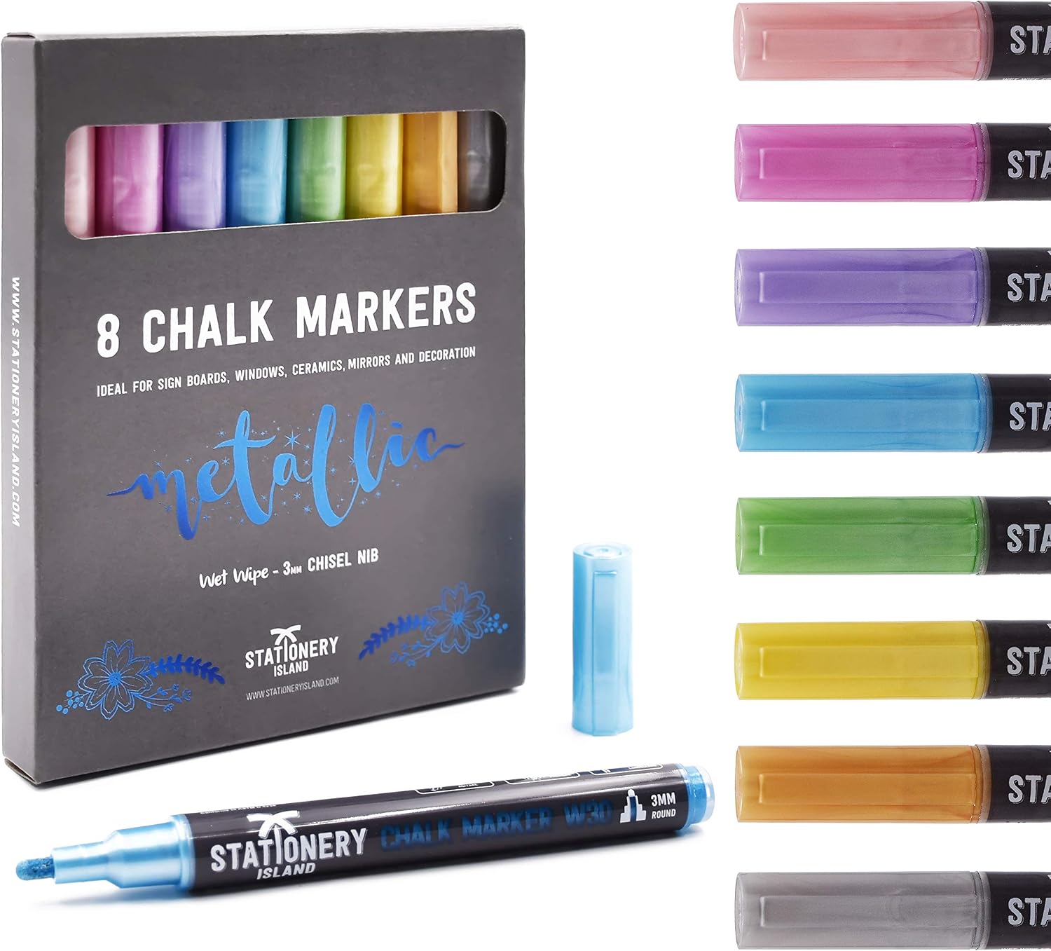 STATIONERY ISLAND Chalk Pens and Liquid Chalk Markers for Blackboard Glass and Window Drawing, Metallic, 3mm 8pc Metallic - Image 4