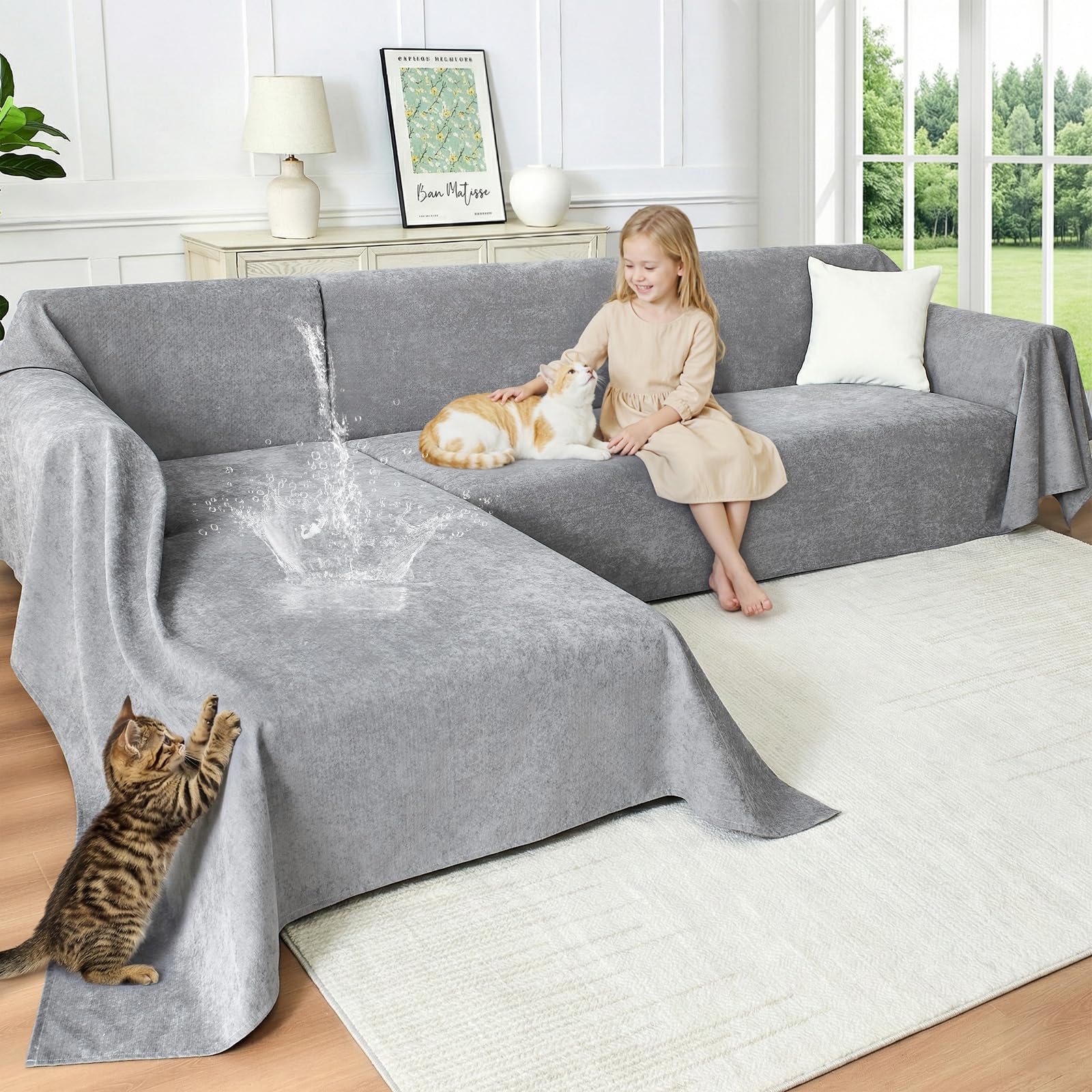 Photo 1 of CAPALOCA Anti-Scratch Sectional Couch Covers for Sofa, 2 Pcs Water Resistant Couch Cover L Shape for Dog & Cat Pet-Friendly Non Slip Sofa Slipcovers Washable, 71"x 102" + 71"x 110", Grey