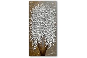 Epicler art Hand-painted Art Oil Painting Blooming White Flowers in a Gold Vase Home Wall Art Deco 48x24 Inch