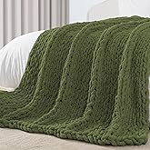 Carriediosa Chunky Knit Throw Blanket 60" X 80" Twin, 100% Hand Made Large Chenille Loop Yarn Soft Fluffy Throws for Couch Sofa Bed, Big Crochet Cozy Heavy Thick Cable Woven Blankets, Olive Green