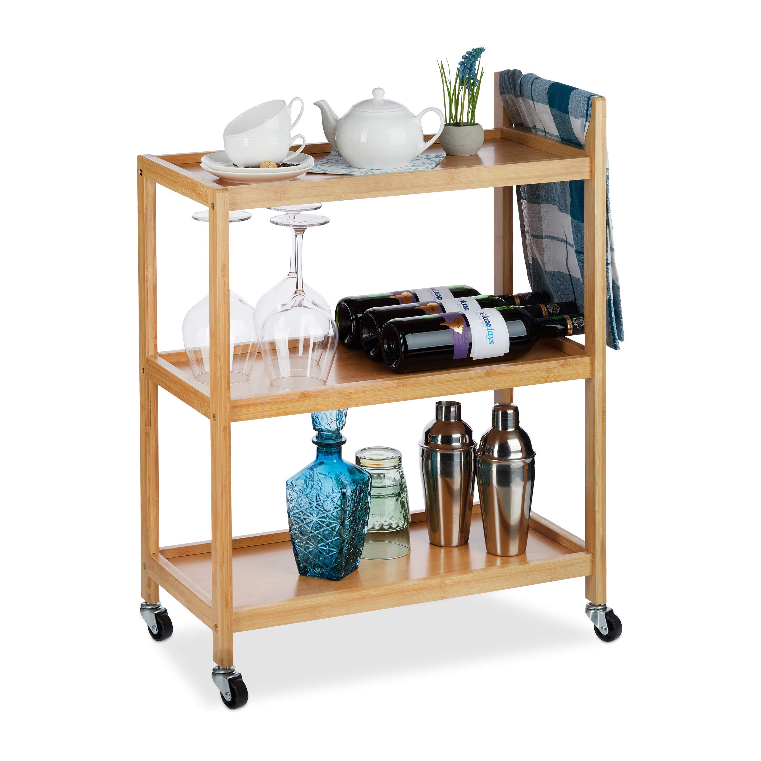 Relaxdays Bamboo Serving Trolley, 3 Tiers, Natural Look, 360° Casters, Bamboo, HxWxD: 76x58x30 cm, Natural