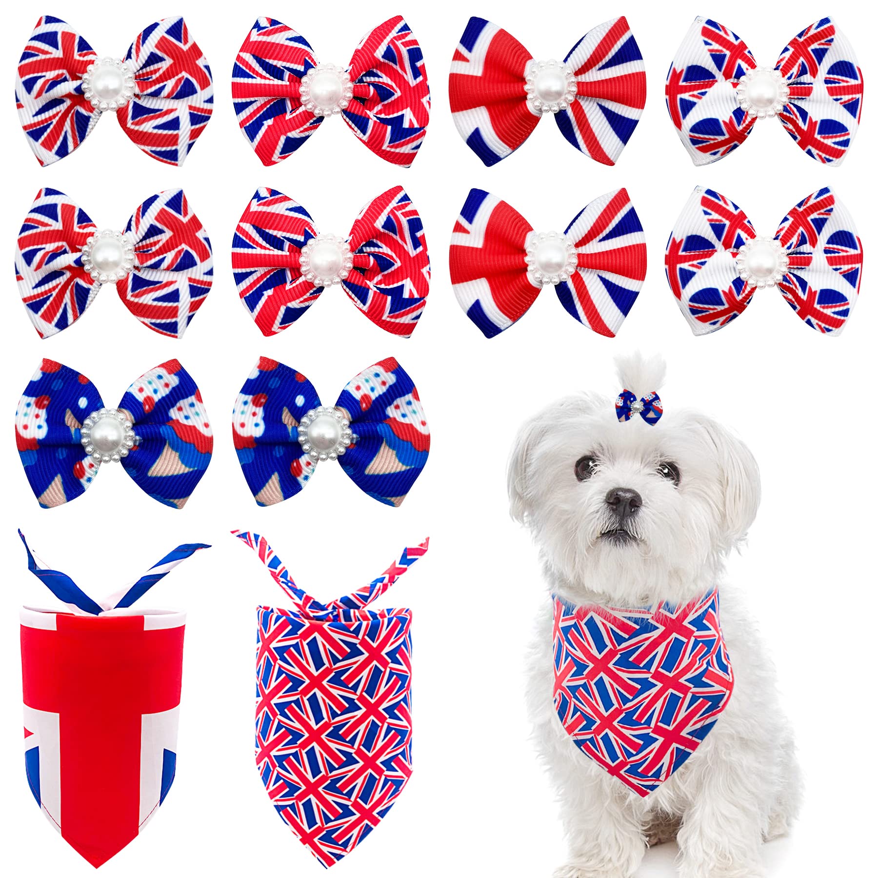 BIPY 2Pcs Union Jack Dog Bandanas and 5Pairs Dog Hair Bows UK Flag Festival Pet Triangle Scarf Soft Bibs for Small Medium Patriotic Dogs Cats Neckerchief Dog Hair Bows Colors Randomly