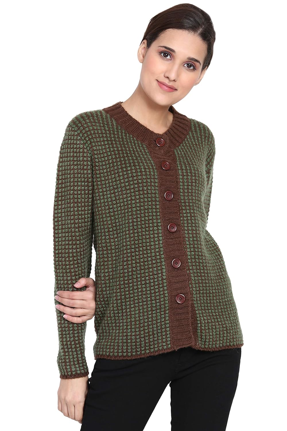 boxymoxy stylish green brown mix sweater cardigan with buttons for girls & women