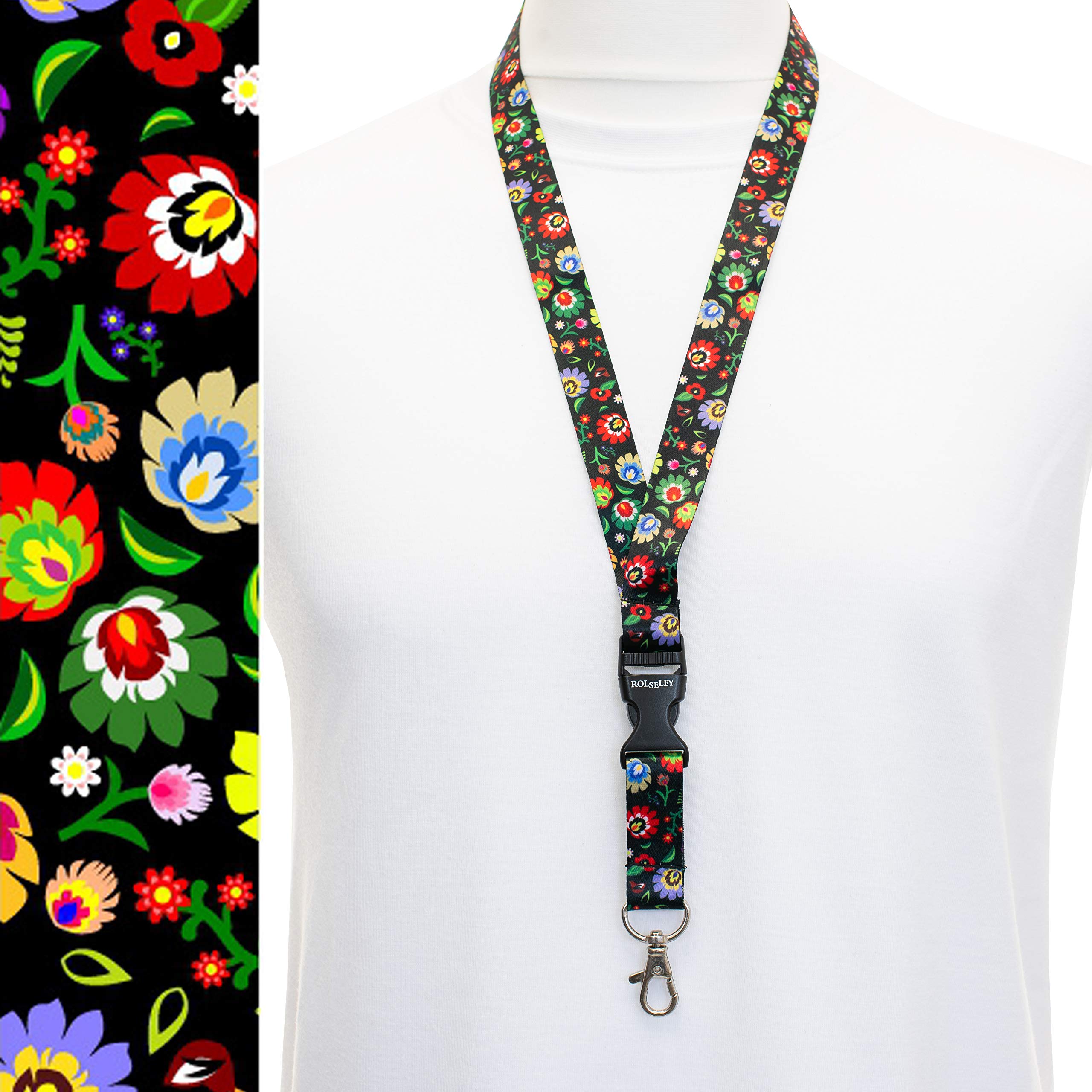 ROLSELEY Beautiful Lanyard neck strap with Floral Folk pattern with metal clip
