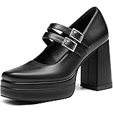 Coutgo Women's Platform Mary Jane Pumps Two Strap Square Toe Chunky Block Heel Sandals Party Shoes