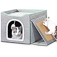 Upgraded Cat Beds for Indoor Cats - Foldable Cat Cube Cave House with Removable Sisal Rope Cat Scratcher and Fluffy Ball Hang