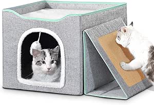 Upgraded Cat Beds for Indoor Cats - Foldable Cat Cube Cave House with Removable Sisal Rope Cat Scratcher and Fluffy Ball Hanging for Kitty Play, Outdoor Feral Cat Kitten Shelter with Warm Plush Bed