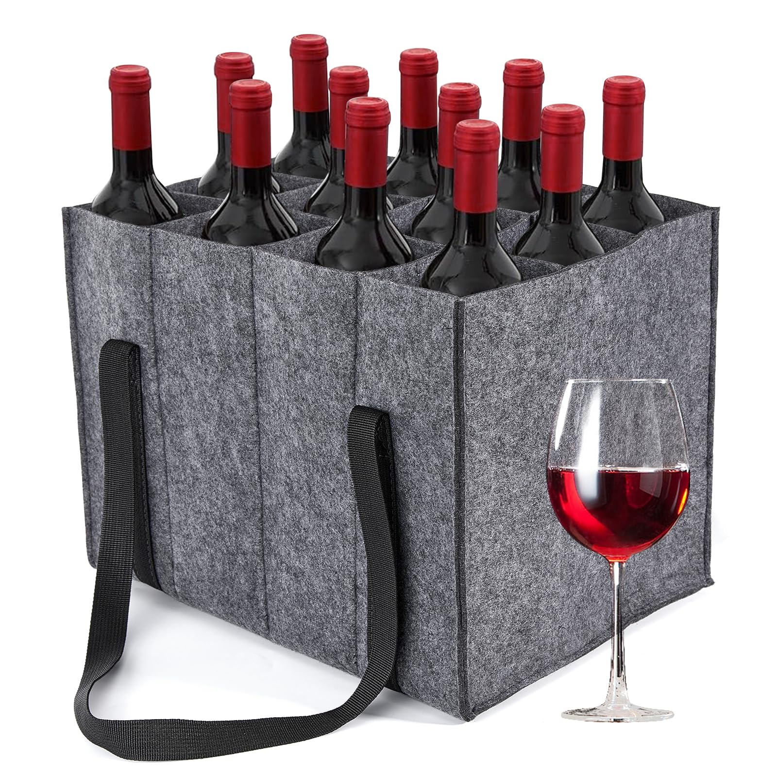 Zhongko Felt Wine Carrier Bag - 12 Bottle Portable Tote with Divider, Reusable Beer Carrier for Picnic, Camping, Travel, Party (Gray)