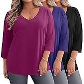 Ficerd 3 Pack Cotton Plus Size 3/4 Sleeve Tops for Women V Neck T-Shirts Casual Loose Fit Trendy Basic Tees Clothes