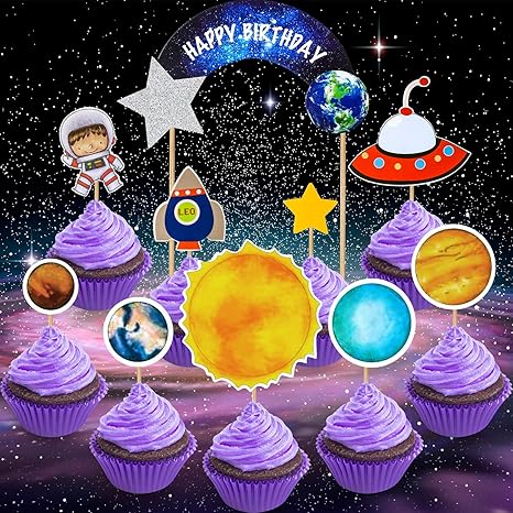 45 Pieces Solar System Birthday Cake Topper Galaxy Astronaut Cupcake Toppers Earth Cupcake Toppers Planet Toppers For Space Theme Party Birthday