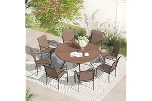 VICLLAX Patio Dining Set for 8, Outdoor Furniture Set Includes 53" Round Patio Table and 8 Patio Sling Chairs, Patio Table and Chairs for 8 Person, Walnut Wood-Like Table and Brown Chairs