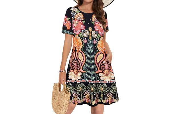 Summer Dresses for Women Casual Tshirt Short Sleeve Floral Sundress Beach Cover Ups with Pockets 2026