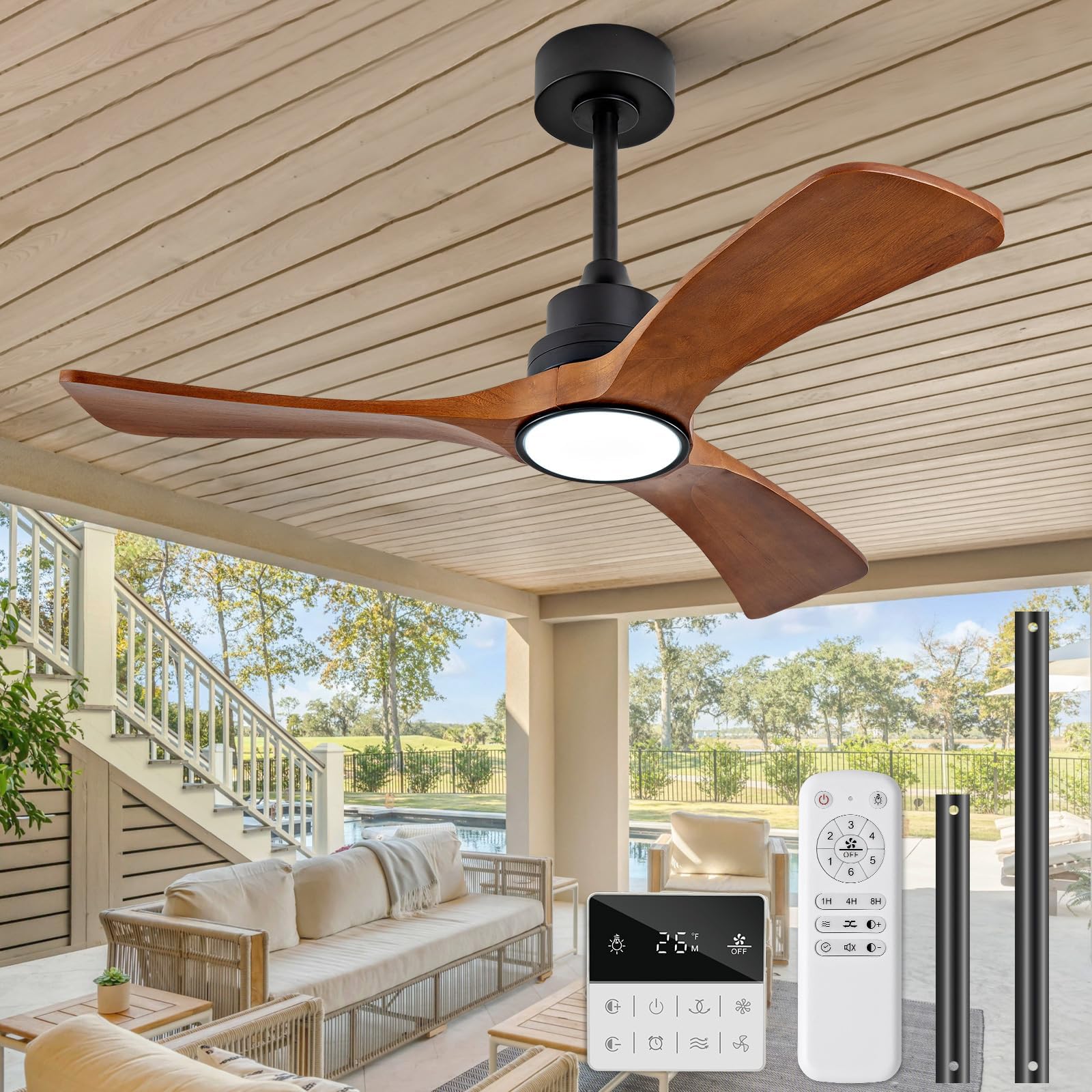 Photo 1 of ***MISSING PARTS*** OMYU 42 inch Ceiling Fans with Lights and Remote Control,Wall Switch,Solid Wood Blades,Dimmable,Reversible Noiseless,Power Off Memory Modern Black Ceiling Fan Indoor/Outdoor for Bedroom Patios