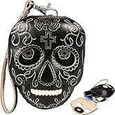 FUSMYE Sugar Skull Coin Purse, Day of the Dead Skull Wallet with Wrist Strap, Gothic Embossed Faux Leather Mini Pouch for Women, Small Zippered Change Purse for Keys, Cash, Cards