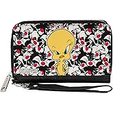 Buckle-Down Looney Tunes Wallet, Zip Around, Tweety Pose Sylvester the Cat Expressions Stacked Black White, Vegan Leather