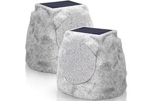 UUFFOO Outdoor Speakers Waterproof 2pack for All Seasons & Solar Powered with Rechargeable Battery Rock Speakers Wireless Bluetooth with Colorful LED Light for Garden, Patio (2-Pc, Granite Grey)