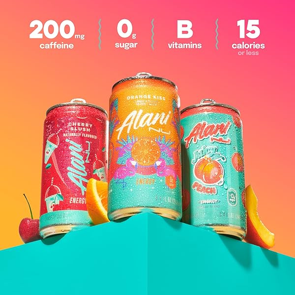 ALANI NU VARIETY PACK (CHERRY SLUSH, JUICY PEACH, ORANGE KISS), LOW CALORIE ENERGY DRINKS, 100MG CAFFEINE, BIOTIN, B VITAMINS, ZERO SUGAR, 10 CALORIES OR LESS, 8 FL OZ CANS, 12 PACK