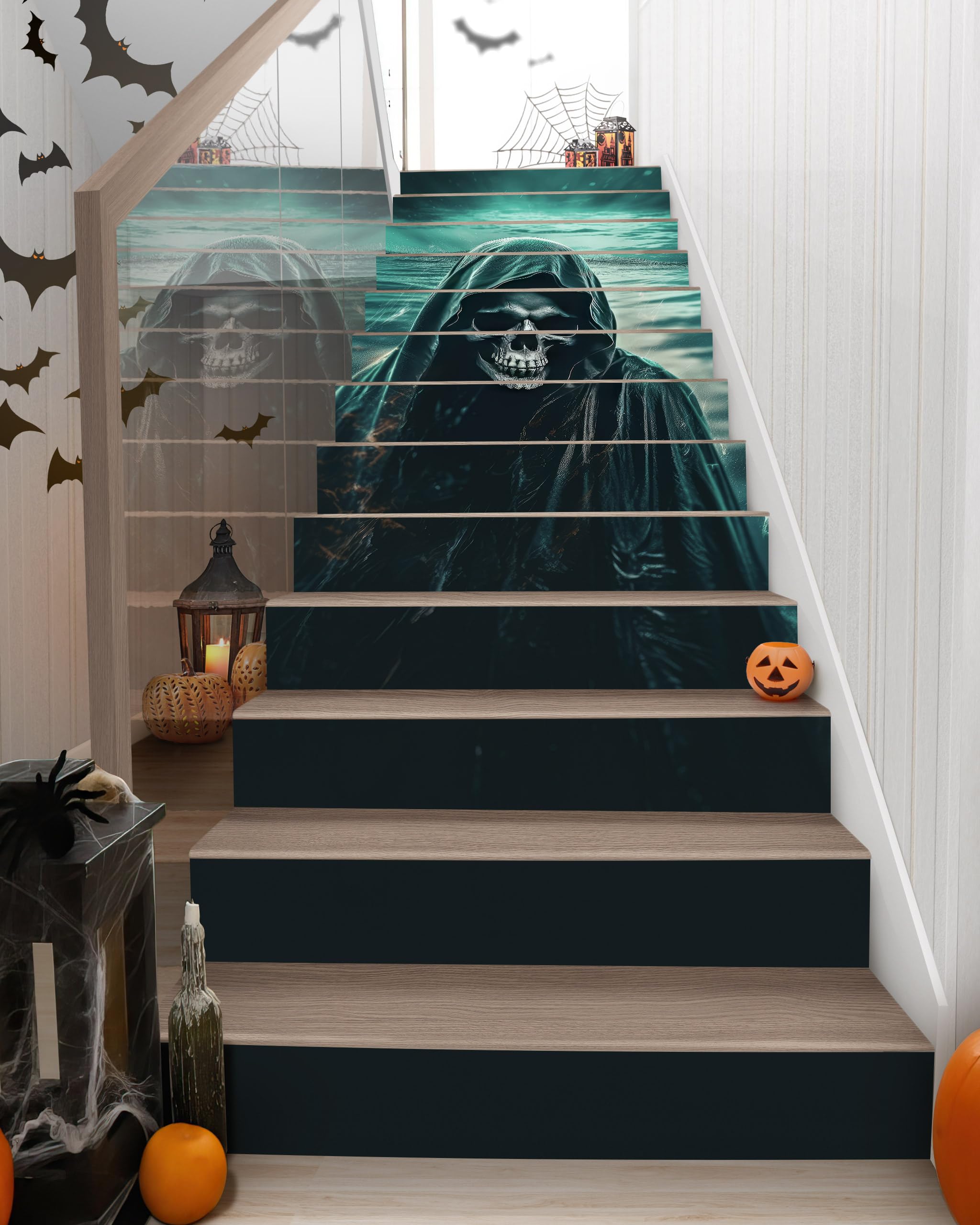 Photo 1 of FLFK Halloween Stair Riser Decals, Grim Reaper Skeleton, 13 Strips, 7.08 x 39.3 inches, Peel and Stick, Stair Riser Stickers, Mural, Wallpaper