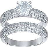 Jewels By Lux Sterling Silver Women's Cubic-Zirconia Duo Bridal Anniversary Wedding Engagement Band Ring Set