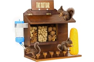 DIGNEW Squirrel Feeder Table with Water Bottle,Wooden Squirrel Picnic Table Feeder,5 Stable Squirrels Stool Bars,Corn Cobs Holder,The Nut Bar,10”x5”x11”, for Outside