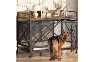 COZPAW Large Dog Crate Furniture, 48 Inch Heavy Duty Dog Kennel for Large Breeds, Wooden Dog Cage with Wheels, Modern Indoor Pet House End Table, Vintage Brown