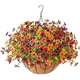 ZFProcess Artificial Fake Hanging Plants Flowers Basket, Faux Silk Daisy in Planter Realistic UV Resistant for Outside Home Patio Balcony Yard Mums Autumn Outdoor Decoration (Orange Brown)