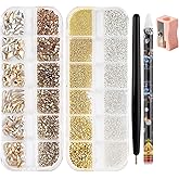 SUTOKAKA 2 Boxes Champagne Gold Nail Rhinestones with Half Round Gold Silver Metal Beads for DIY Nail Art Mixed Shape Diamond Jewel Beads Micro Nail Studs Caviar Bead for Manicure Supplies