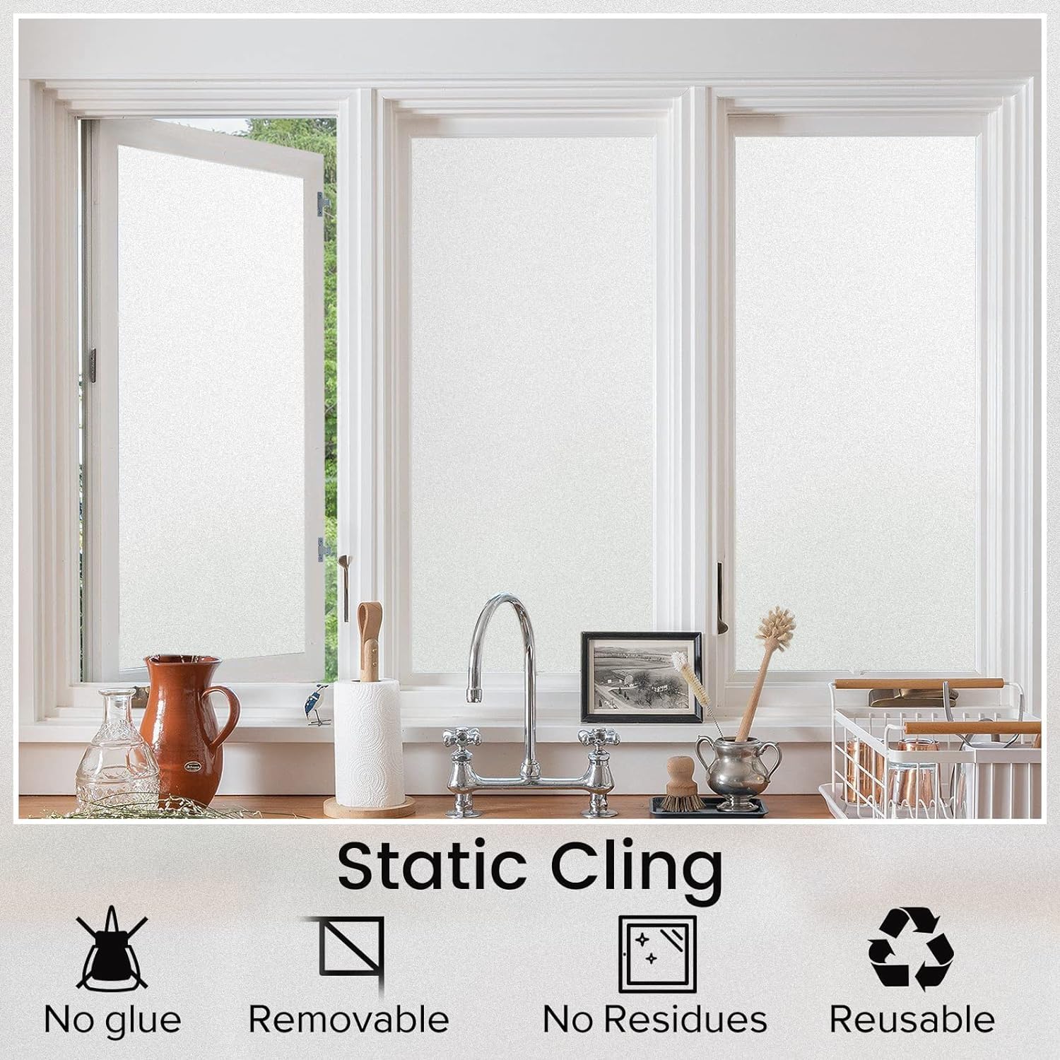 rabbitgoo Window Privacy Film, Non-Adhesive Frosted Glass Window Film for Bathroom, Static Cling Heat Blocking Stickers for Home Indoor Opaque Frosting Coverings House Tint, Matte White 17.5