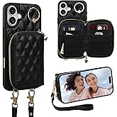 Keallce Case for iPhone 16 6.1'' Wallet Case, Crossbody Zipper Purse with Wristlet for Women, RFID Blocking Card Holders, 360° Ring Kickstand Flip Leather Case for iPhone 16, Black