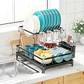 Simple Trending Dish Drying Rack, 2-Tier with Utensil Holder, Black | Stainless Steel Dish Rack for Kitchen Counter, Large Capacity Dish Drainer Organizer, Automatic Drainage, 17"D x 12"W x 15"H