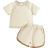 Renotemy Toddler Baby Boy Boy Summer Clothes Waffle Short Sleeve T-Shirt +Short Pants Two Piece Solid Outfit Sports Short Set