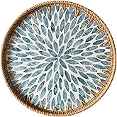 Aayoruro Round Rattan Tray with Mother of Pearl Inlay, Decorative Wicker Serving Tray with Wooden Base, Woven Basket Trays for Bread Fruits Coffee, Light Blue
