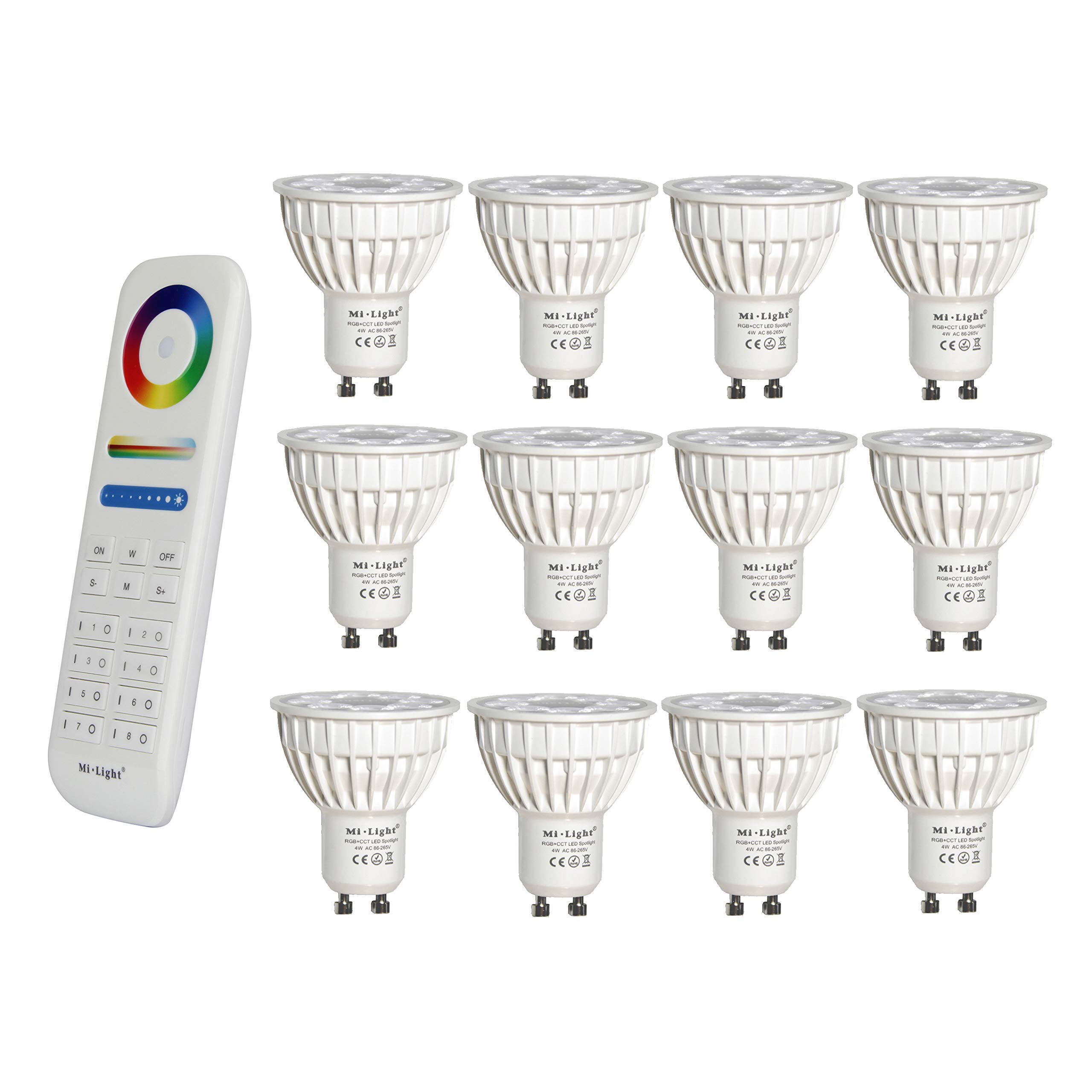 lighteu®, 12x 4W GU10 RGB+CCT LED Spotlight Color Changing and CCT WW CW Temperature Adjustable, Original Mi-Light, Bulb with a 8-Zone Remote (12x FUT103+FUT089)