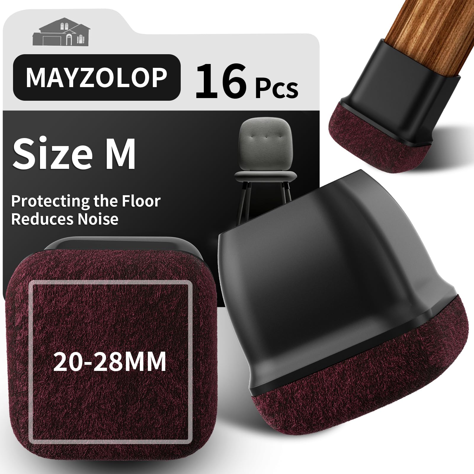 MAYZOLOP 16PCS Chair Leg Floor Protectors, Ø20-28mm Square Black Silicone Chair Leg Caps with Felt Pads, Hardwood Floor Protectors for Furniture Legs,No Scratches No Noise