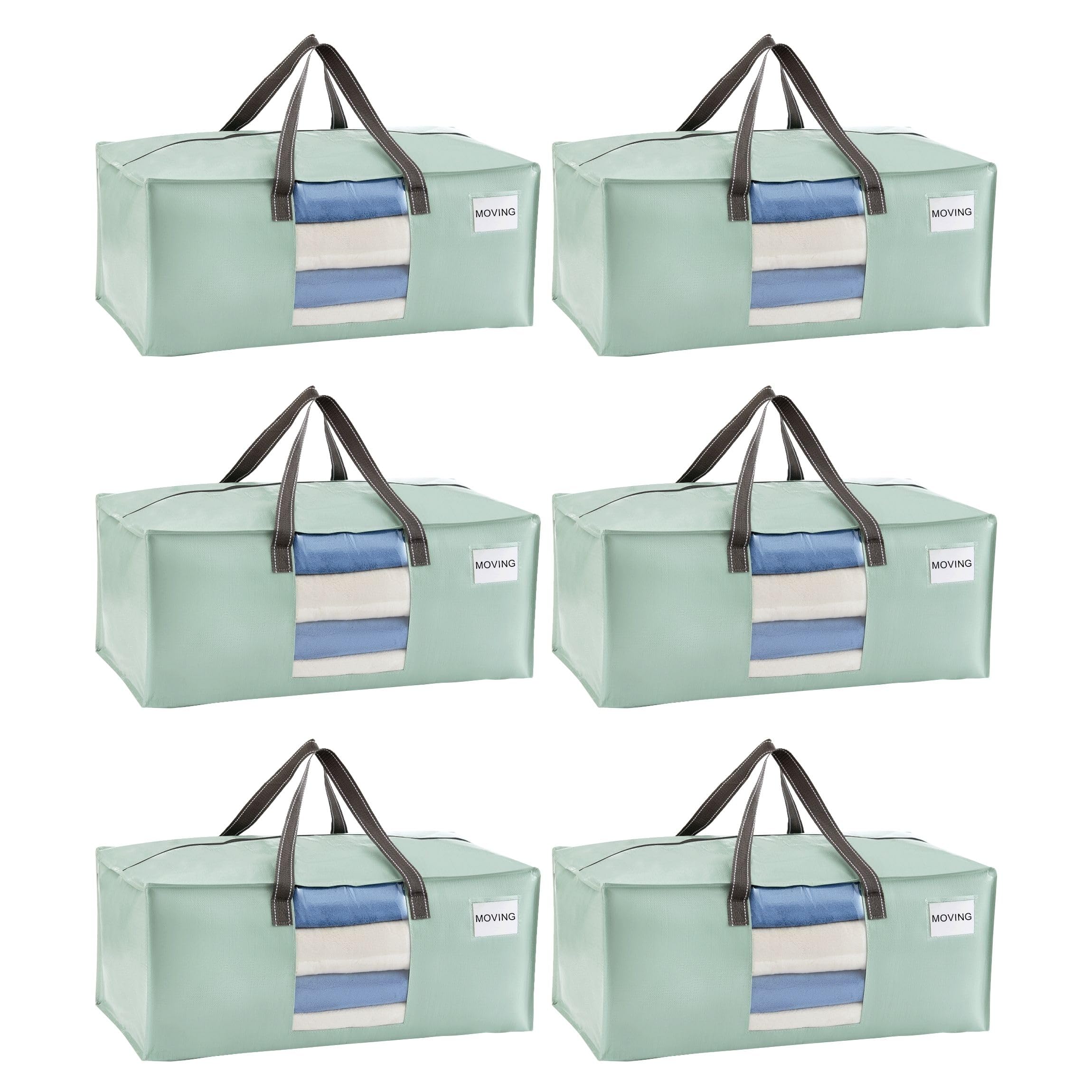 VENO 6 Pack Moving Bags Extra Large Storage Bags for College Move-In, Heavy-Duty Storage Totes, Packing Boxes, and Wardrobe Moving Supplies - Durable Laundry Bags for Clothes (Light Green, 6 Pack)